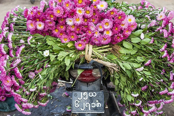 Flowers on back of motorcycle, market, Mandalay, Myanmar (Burma)