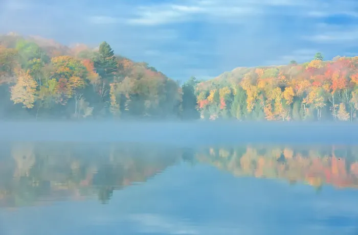 Framed Print : Fog on Horseshoe Lake in autumn with cottage, Near Parry Sound, Ontario, Canada Framed Print : Fog on Horseshoe Lake in autumn with cottage, Near Parry Sound, Ontario, Canada
