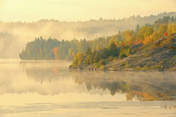 Fog on Simon Lake in autumn. Simon Lake Park Conservation Area. Naughton, Ontario, Canada