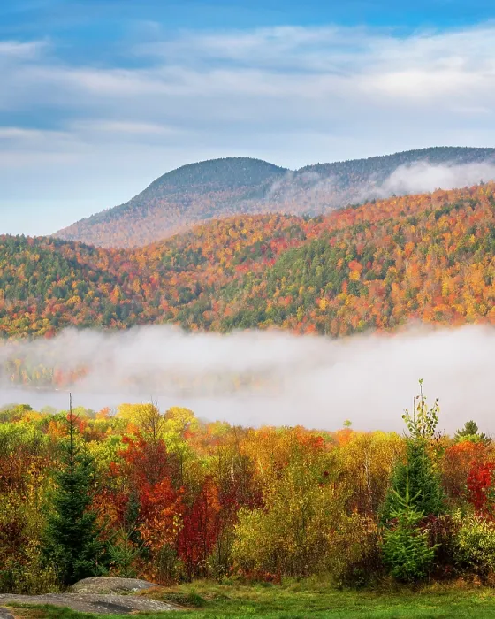 Framed Print : Fog at sunrise in autumn, Adirondack Mountains, New York, USA