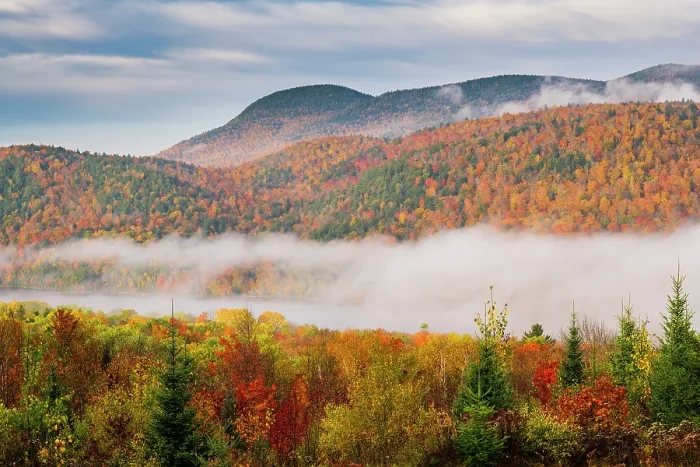 Framed Print : Fog at sunrise in autumn, Adirondack Mountains, New York, USA Framed Print : Fog at sunrise in autumn, Adirondack Mountains, New York, USA