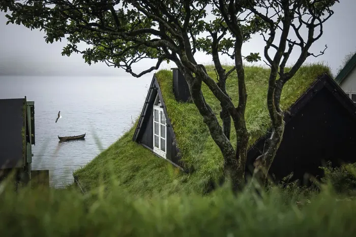 Framed Print : Foggy day in the village of Bour. Island of Vagar. Faroe Islands