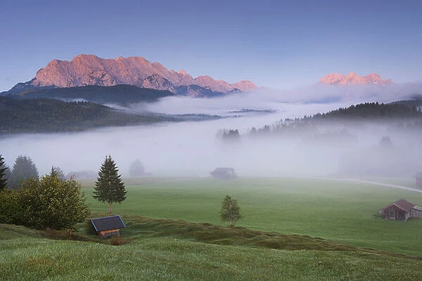 Foggy morning against Karwendel Range and Zugspitz-Massif, Upper Bavaria