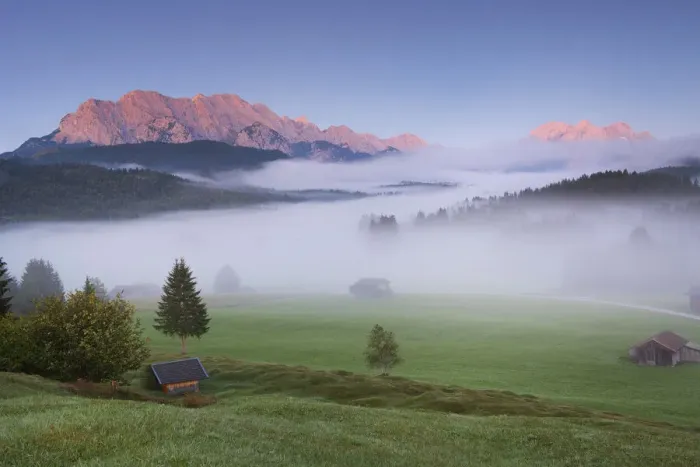Framed Print : Foggy morning against Karwendel Range and Zugspitz-Massif, Upper Bavaria Framed Print : Foggy morning against Karwendel Range and Zugspitz-Massif, Upper Bavaria