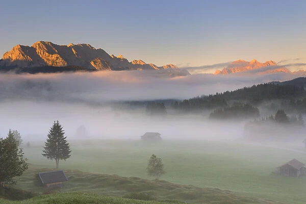 Foggy morning against Karwendel Range and Zugspitz-Massif, Upper Bavaria