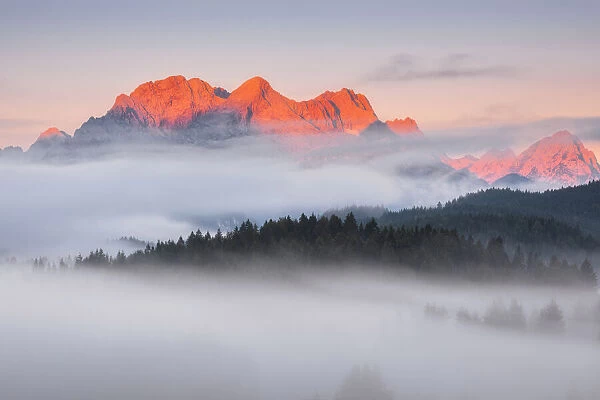 Foggy morning against Zugspitz-Massif, Upper Bavaria, Werdenfelser Land. Germany, Europe