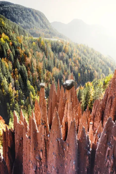 Framed Print : Foggy sky in autumn over the earth pyramids natural monument, Longomoso, Renon / Ritten Framed Print : Foggy sky in autumn over the earth pyramids natural monument, Longomoso, Renon / Ritten