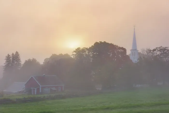 Framed Print : Foggy sunrise over white-steeple church and red barn, Green Mountains, Peacham, Vermont, USA Framed Print : Foggy sunrise over white-steeple church and red barn, Green Mountains, Peacham, Vermont, USA