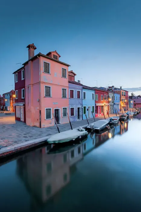 Framed Print : Fondamenta Cavanella with its boats and its colorful buildings before the dawn, Burano island, Venice, Veneto, Italy
