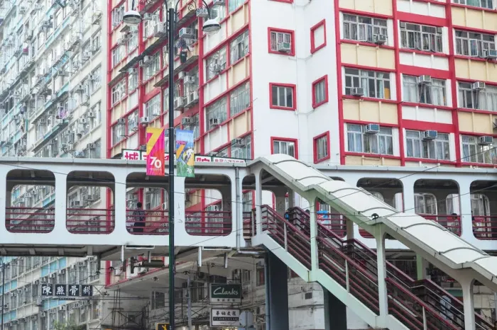 Framed Print : Footbridge and apartments, North Point, Hong Kong Island, Hong Kong Framed Print : Footbridge and apartments, North Point, Hong Kong Island, Hong Kong