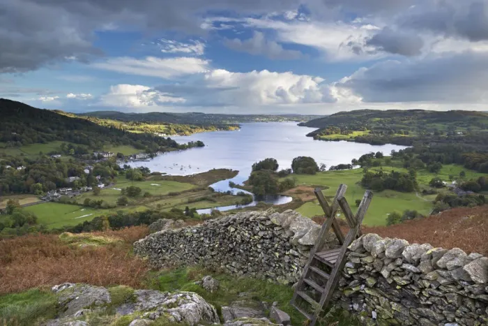 Framed Print : Footpath stile over dry stone wall, overlooking Lake Windermere, Lake District, Cumbria Framed Print : Footpath stile over dry stone wall, overlooking Lake Windermere, Lake District, Cumbria