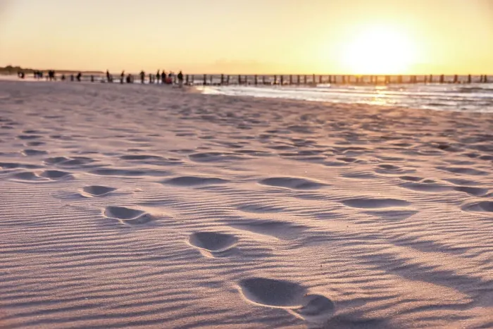 Framed Print : Footprints in the sand at Zingst Beach, Mecklenburg-West Pomerania, Baltic Sea, Northern Germany, Germany