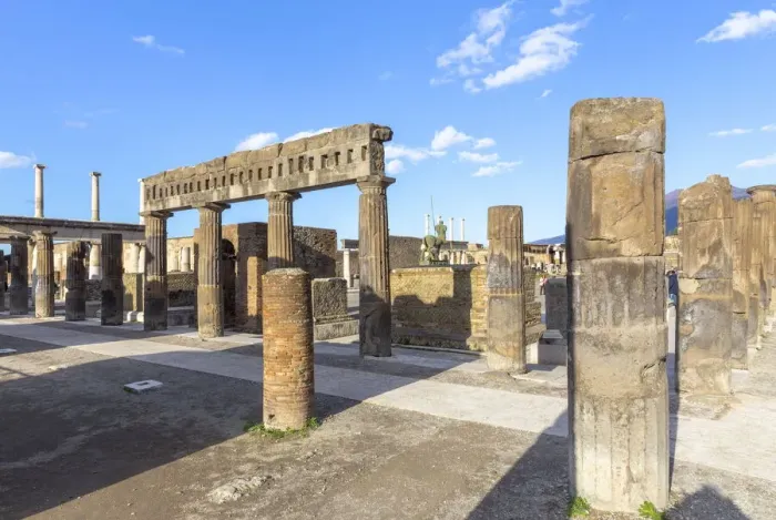 Framed Print : The Foro, Civil court of Ancient Pompei, Pompei village, Naples district, Campania, Italy