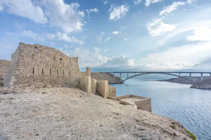 Framed Print : Fortica ruins and Paski most bridge, island of Pag, Zadar county, Dalmatia, Croatia Framed Print : Fortica ruins and Paski most bridge, island of Pag, Zadar county, Dalmatia, Croatia