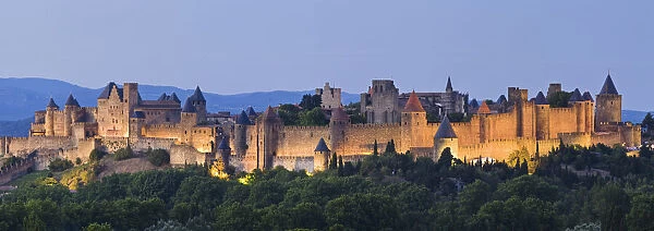 Fortified town of La Cite Carcassonne at illuminated at dusk, Languedoc-Roussillon