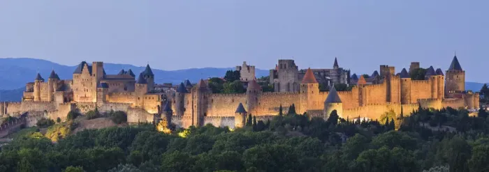 Framed Print : Fortified town of La Cite Carcassonne at illuminated at dusk, Languedoc-Roussillon Framed Print : Fortified town of La Cite Carcassonne at illuminated at dusk, Languedoc-Roussillon