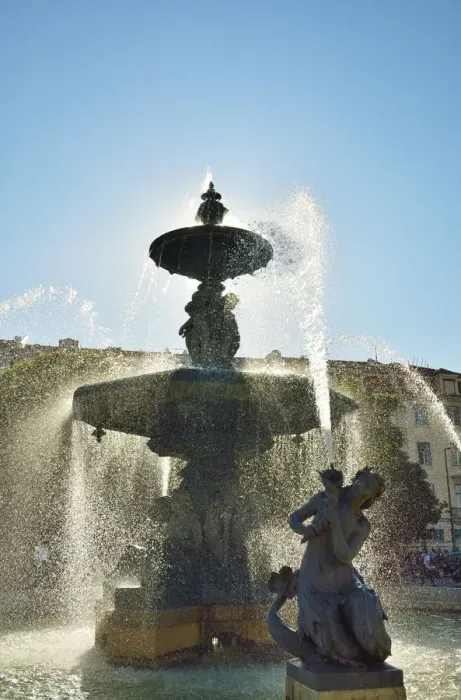 Framed Print : Fountain dating back to 1889, in the centre of the Praca Dom Pedro IV, with mythological Framed Print : Fountain dating back to 1889, in the centre of the Praca Dom Pedro IV, with mythological