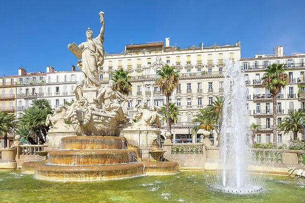 The Fountain of the Federation and the former Grand Hotel in the Place de la Liberte, Toulon, Provence-Alpes-Cote d'Azur, France