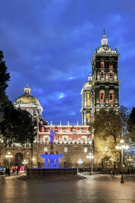 Framed Print : Fountain of Saint Michael the Archangel and Our Lady of the Immaculate Conception Cathedral Basilica, Zocalo Main Square, dusk, City of Puebla, Puebla State, Mexico