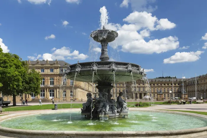 Framed Print : Fountain at Schlossplatz square and Neues Schloss Castle, Stuttgart, Baden-Wurttemberg, Germany