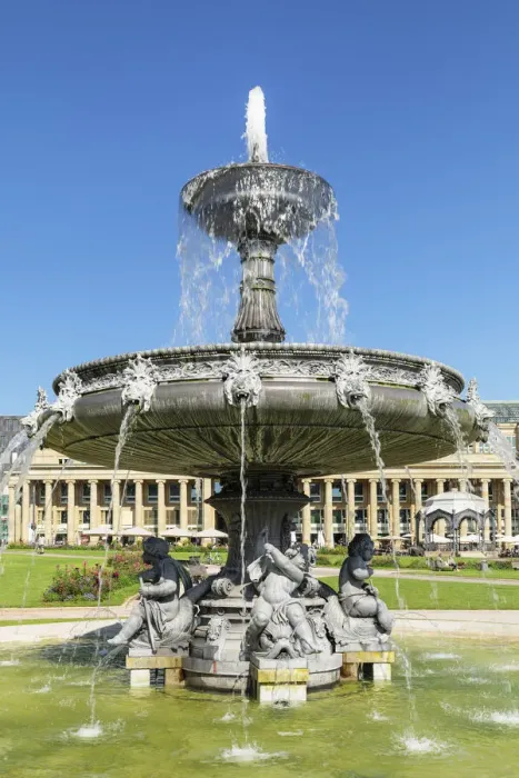 Framed Print : Fountain at Schlossplatz Square with a view on Konigsbau building, Stuttgart, Baden-Wurttemberg, Germany Framed Print : Fountain at Schlossplatz Square with a view on Konigsbau building, Stuttgart, Baden-Wurttemberg, Germany
