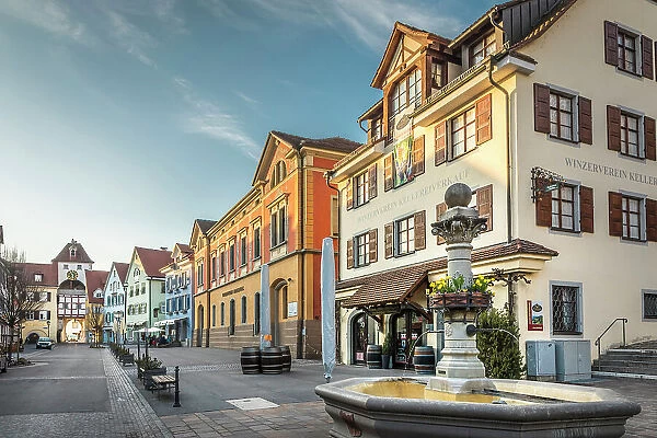Fountain and Unterstadttor in the old town of Meersburg, Baden-Wurttemberg, Germany