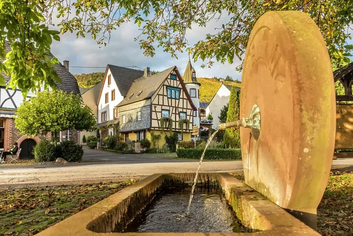 Framed Print : Fountain in the village center of the wine town of Kroev on the Mosel, Mosel, Rhineland-Palatinate, Germany Framed Print : Fountain in the village center of the wine town of Kroev on the Mosel, Mosel, Rhineland-Palatinate, Germany