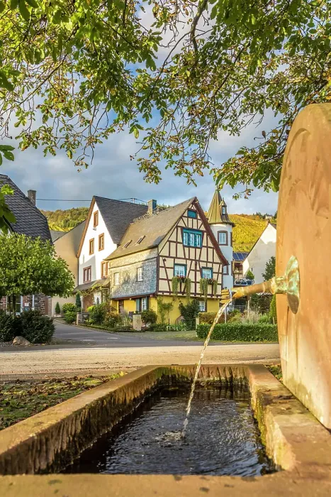 Framed Print : Fountain in the village center of the wine town of Kroev on the Mosel, Mosel, Rhineland-Palatinate, Germany Framed Print : Fountain in the village center of the wine town of Kroev on the Mosel, Mosel, Rhineland-Palatinate, Germany