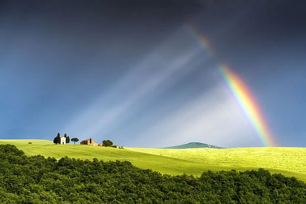 Fragmented Rainbow & Light Rays over Chapel Madonna di Vitaleta, Tuscany, Italy
