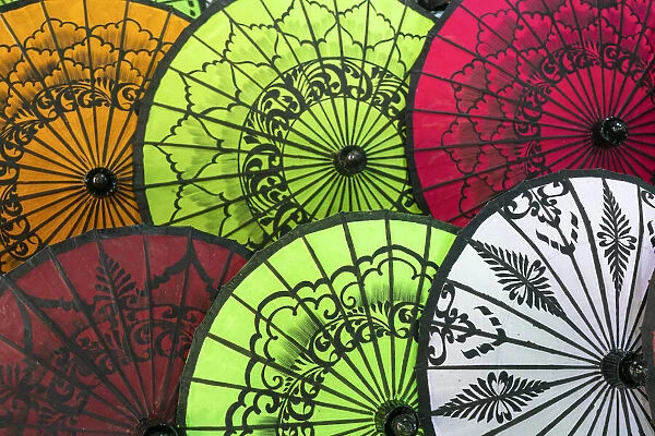 Full frame shot of traditional Burmese colorful umbrellas, Lake Inle, Nyaungshwe Township