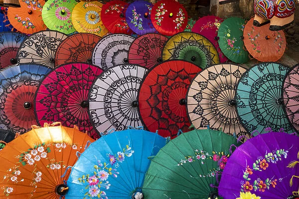Full frame shot of traditional Burmese colorful umbrellas, Mandalay, Mandalay Region