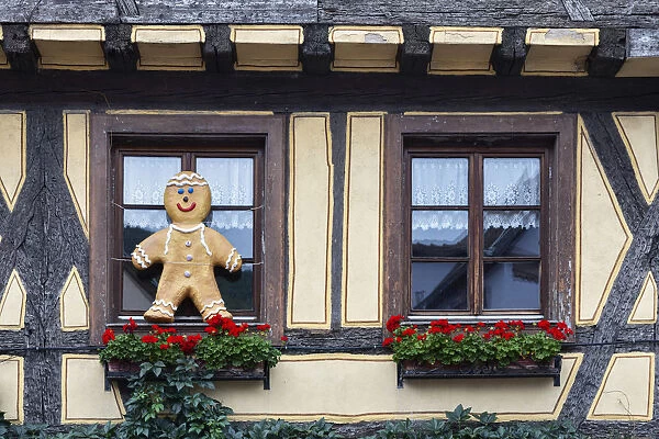 France, Alsace, Kaysersberg. Typical windows of Kaysersberg village