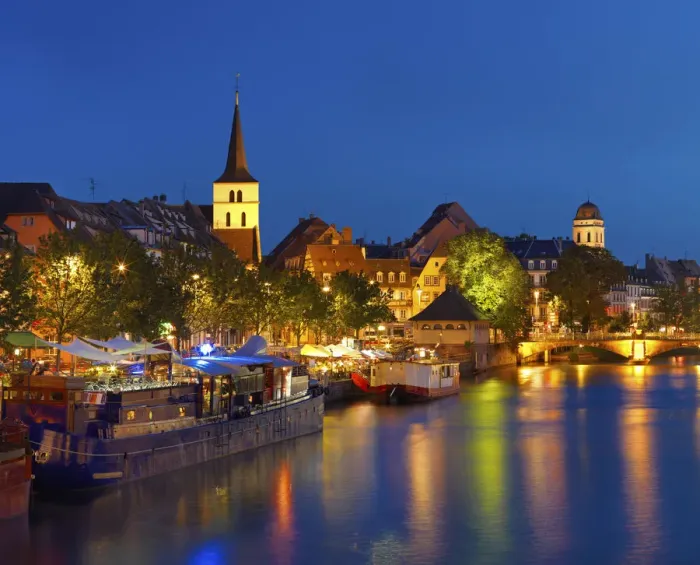 Framed Print : France, Alsace, Strasbourg, City and river at night Framed Print : France, Alsace, Strasbourg, City and river at night
