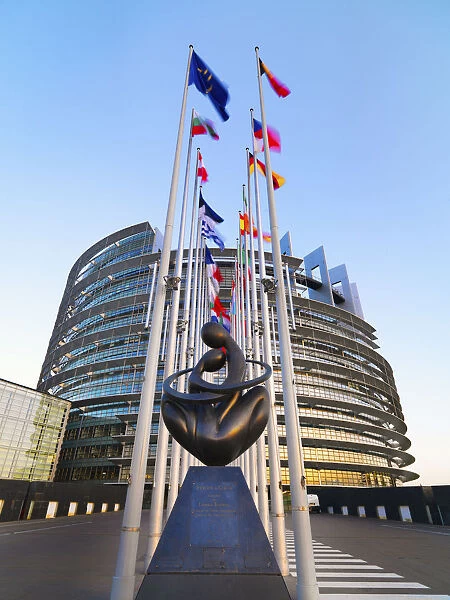France, Alsace, Strasbourg, European parliament, low angle view