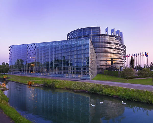 France, Alsace, Strasbourg, European parliament at dusk