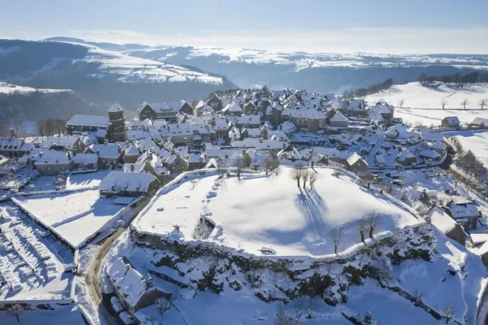 Framed Print : France, Auvergne-Rhone-Alpes, Cantal, Salers, aerial view of the medieval village of Framed Print : France, Auvergne-Rhone-Alpes, Cantal, Salers, aerial view of the medieval village of