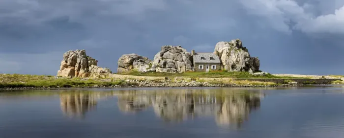 Framed Print : France, Brittany, Cote d armor, Plougrescant, Le Gouffre house reflected in lake Framed Print : France, Brittany, Cote d armor, Plougrescant, Le Gouffre house reflected in lake