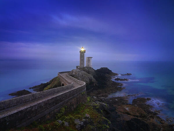 France, Brittany, Finistere, Iroise Sea, Plouzane, Petit Minou Lighthouse at dusk