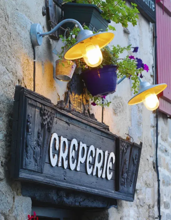 Framed Print : France, Brittany, Finistere, Quimper, Old town, Creperie sign at dusk Framed Print : France, Brittany, Finistere, Quimper, Old town, Creperie sign at dusk