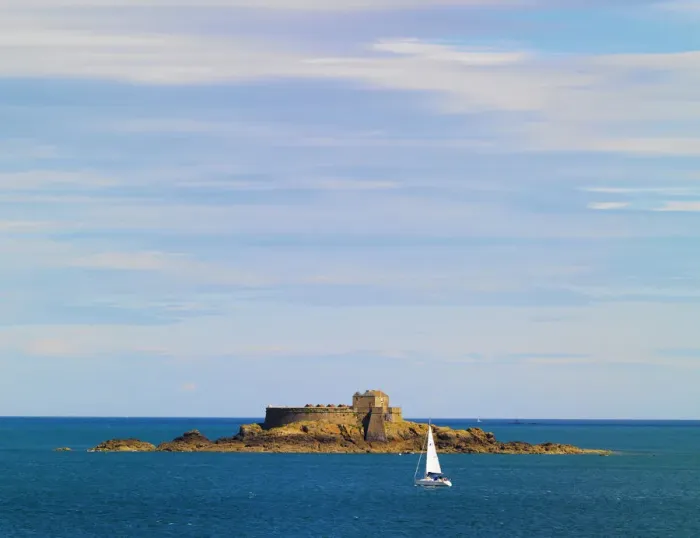 Framed Print : France, Brittany, Ille et Vilaine, St. Malo, Petite Be island and yacht Framed Print : France, Brittany, Ille et Vilaine, St. Malo, Petite Be island and yacht