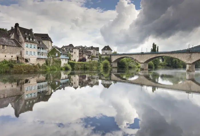 Framed Print : France, Correze, Argentat, The old town and bridge reflected in the Dordogne river Framed Print : France, Correze, Argentat, The old town and bridge reflected in the Dordogne river