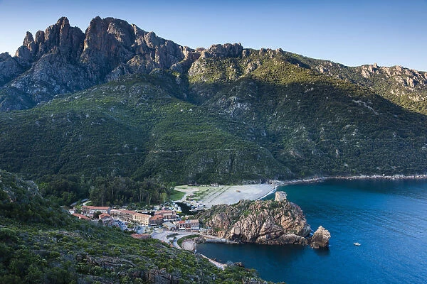 France, Corsica, Corse-du-Sud Department, Calanche Region, Porto, elevated view of town