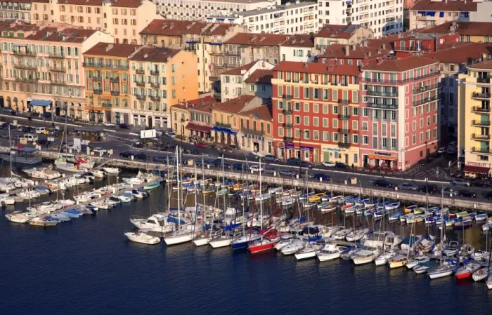Framed Print : France, Cote D Azur, Nice; Yachts in the Bassin du Commerce seen from the Parc du Chateau Framed Print : France, Cote D Azur, Nice; Yachts in the Bassin du Commerce seen from the Parc du Chateau