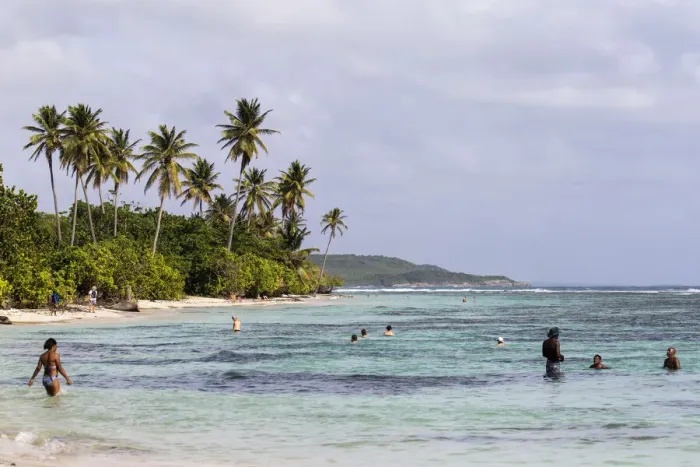 Framed Print : France, Guadeloupe, Sainte-Anne, People bathing at Bois Jolan beach Framed Print : France, Guadeloupe, Sainte-Anne, People bathing at Bois Jolan beach
