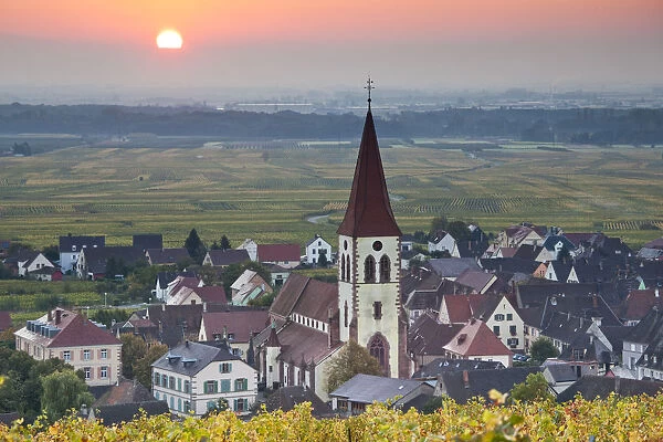 France, Haut-Rhin, Alsace Region, Alasatian Wine Route, Ammerschwihr, town view, sunrise