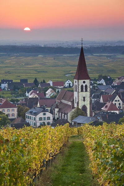 France, Haut-Rhin, Alsace Region, Alasatian Wine Route, Ammerschwihr, town view, sunrise