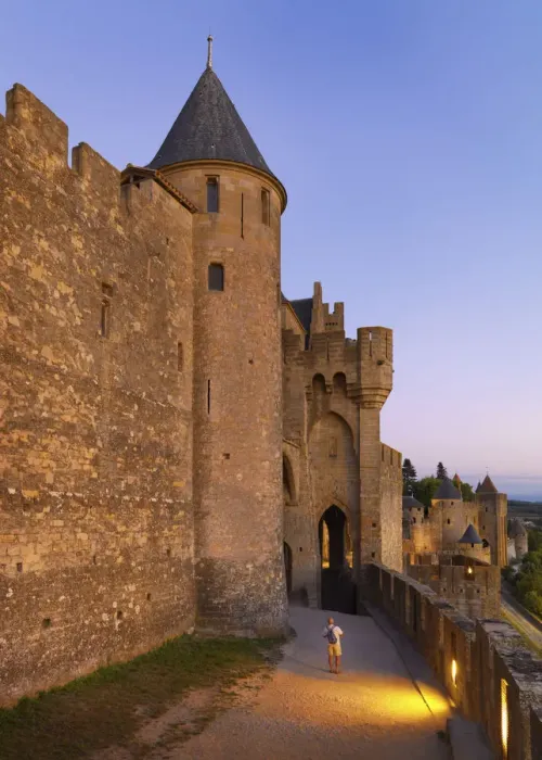 Framed Print : France, Languedoc, Carcassonne, man taking photograph from walls at dusk (MR) Framed Print : France, Languedoc, Carcassonne, man taking photograph from walls at dusk (MR)