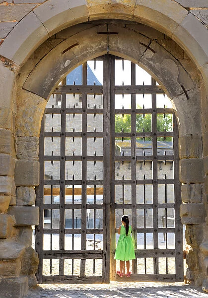 France, Languedoc, Carcassonne, Girl looking through castle gate (MR)