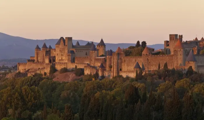 Framed Print : France, Languedoc-Rousillon, Carcassonne. The fortifications of Carcassonne at dusk Framed Print : France, Languedoc-Rousillon, Carcassonne. The fortifications of Carcassonne at dusk