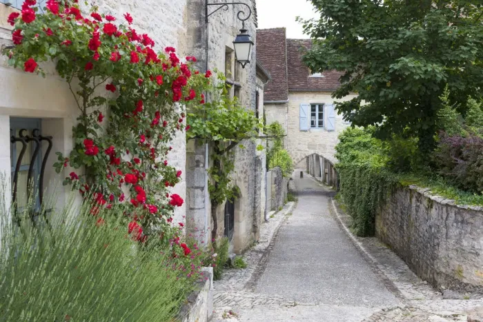 Framed Print : France, Lot, Martel, A narrow, cobbled street and covered walkway with roses Framed Print : France, Lot, Martel, A narrow, cobbled street and covered walkway with roses